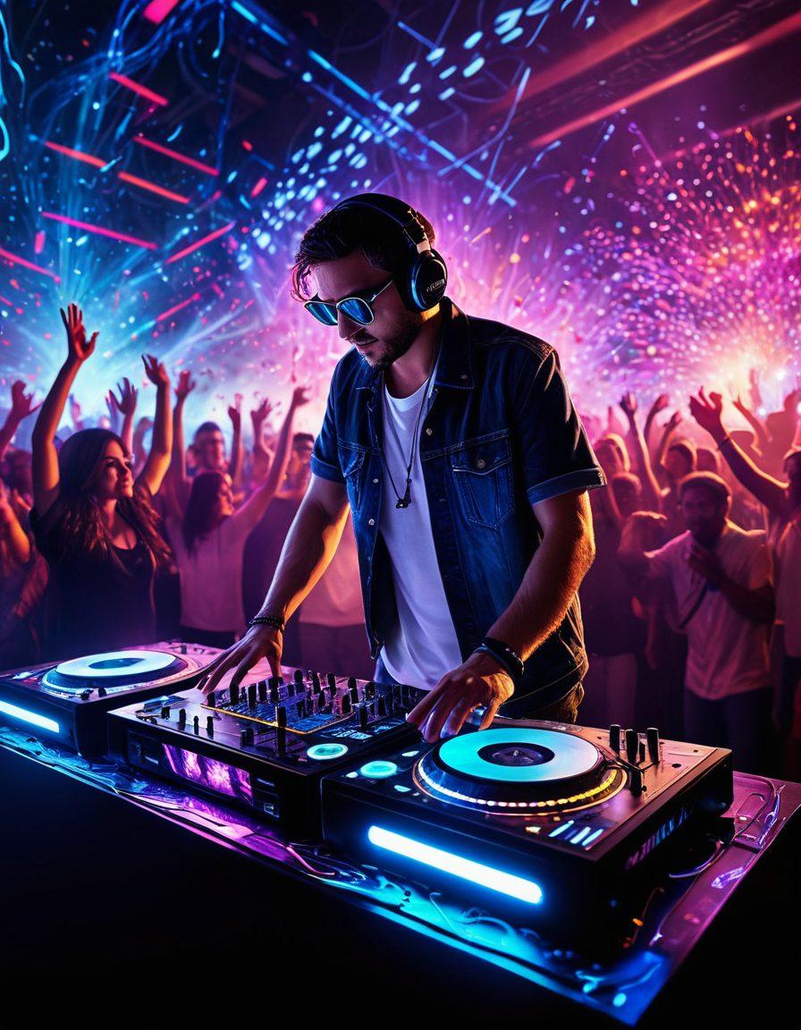 An electrifying DJ booth illuminated with colorful LED lights, showcasing a DJ in the midst of an energetic performance. Surrounding the DJ, a diverse crowd is dancing, capturing the vibrant atmosphere of a live event. In the background, soundwaves and musical notes swirl dynamically, symbolizing the transition from beats to mixes. The scene is filled with vivid colors and high energy, embodying the essence of crafting epic live sets. super-realistic. vibrant colors. dynamic lighting.