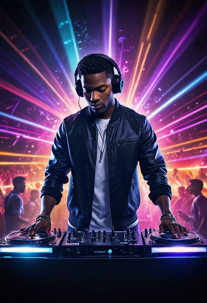 An electrifying DJ booth set against a vibrant party backdrop, showcasing a DJ with headphones skillfully mixing on a turntable while colorful sound waves ripple around him. Include elements like disco lights, enthusiastic dancers, and a glowing crowd to capture the energy of an epic party. Add a subtle nod to trending music genres with visual icons floating in the background. dynamic colors. 3D. party ambiance.