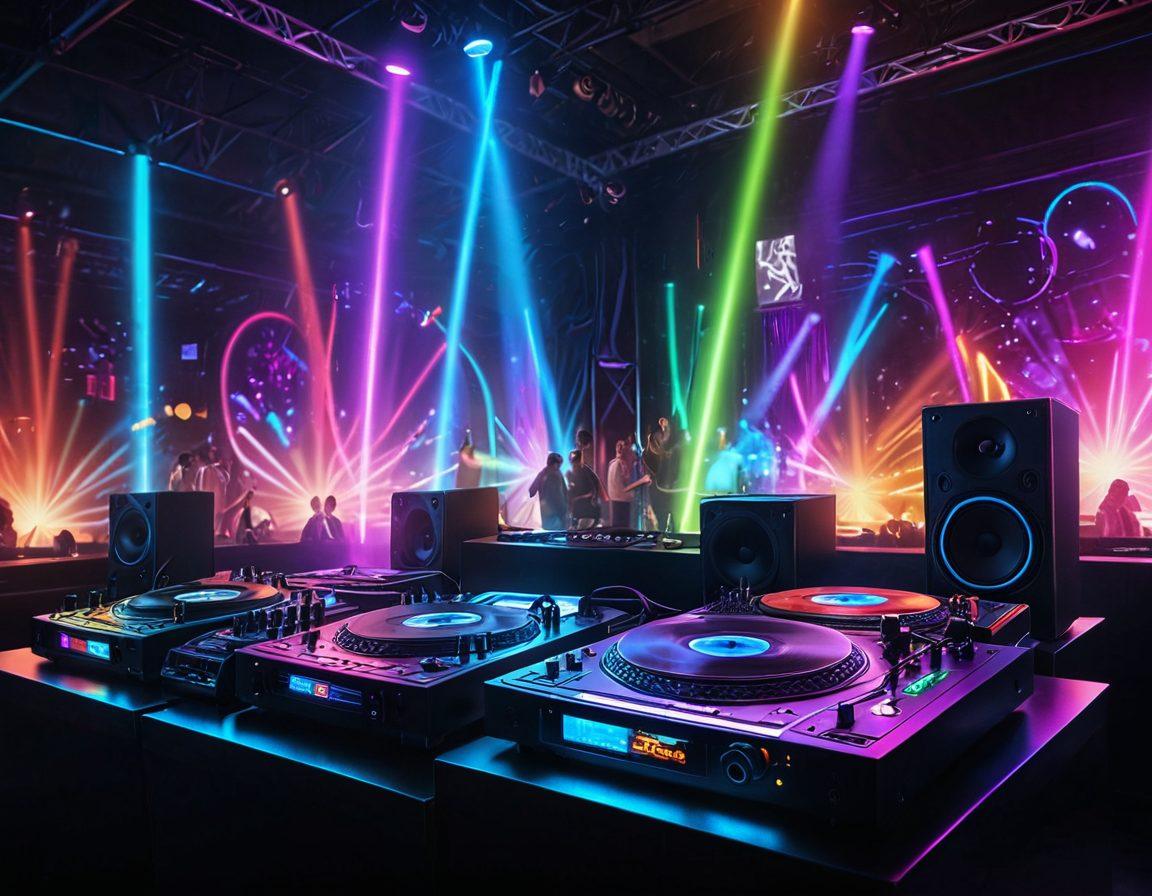 A dynamic DJ booth with colorful turntables and speakers, surrounded by an energetic crowd dancing under vibrant lights. Include trendy headphones, vinyl records, and digital mixing tools, emphasizing the fusion of classic and modern DJ culture. Capture a sense of motion and excitement, with neon colors and a lively atmosphere. super-realistic. vibrant colors. 3D.